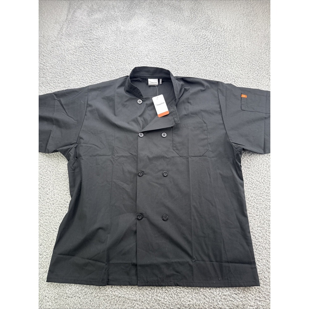 Happy Chef Shirt Mens XL Black Solid Double Breasted Kitchen Uniform #505